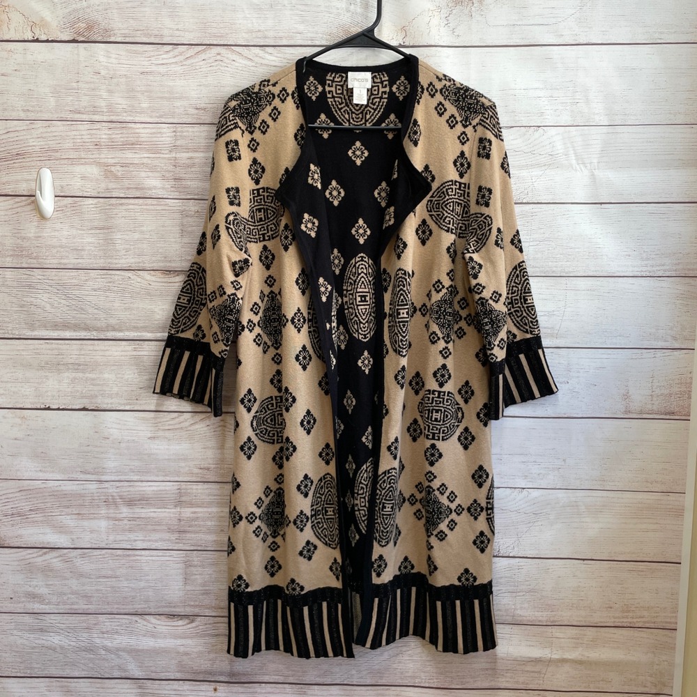 CHICOS LONG LINE CARDIGAN SWEATER IN BLACK AND TAN‎ PRINT